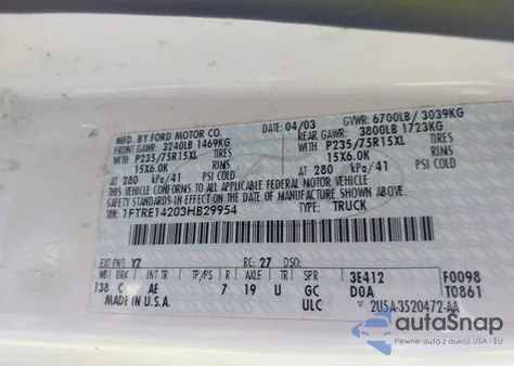 2003 Ford E-150 Commercial из США, поврежденный, VIN 1FTRE14203HB29954